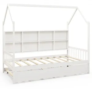 Very Adorable Twin Size Kids Montessori Day Or Night Trundle Bed With Roof, Shelf 8 Components | With Wheels | Space Saving | Solid Wood Frame | Heavy Duty