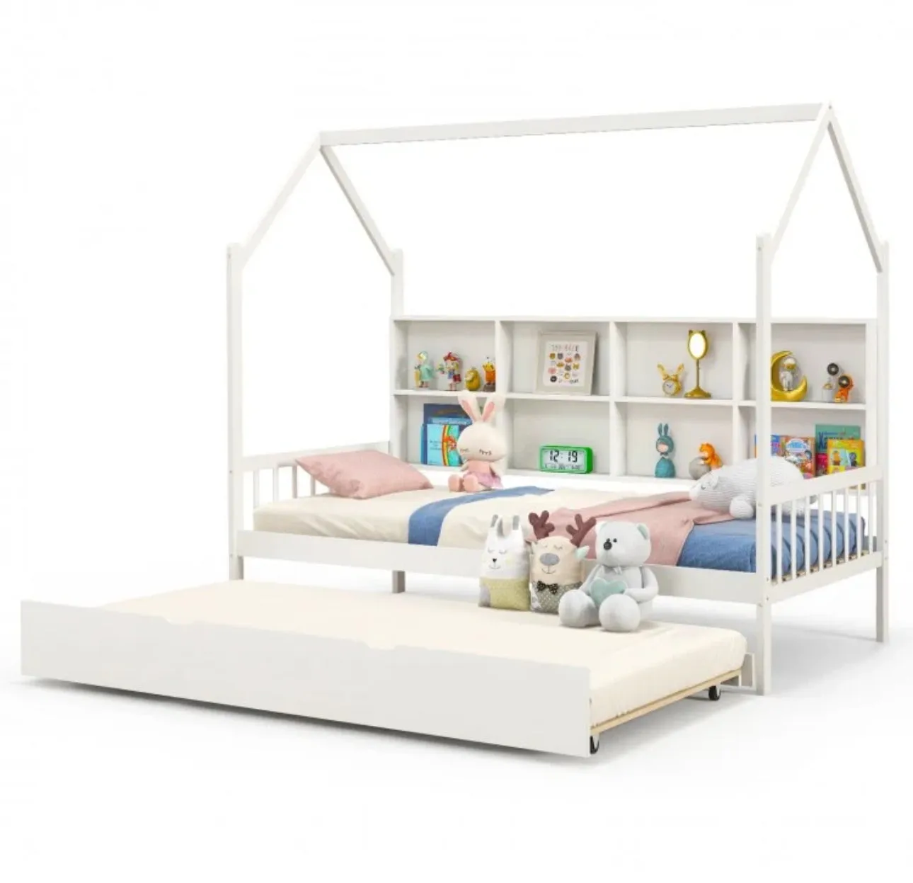 Very Adorable Twin Size Kids Montessori Day Or Night Trundle Bed With Roof, Shelf 8 Components | With Wheels | Space Saving | Solid Wood Frame | Heavy Duty