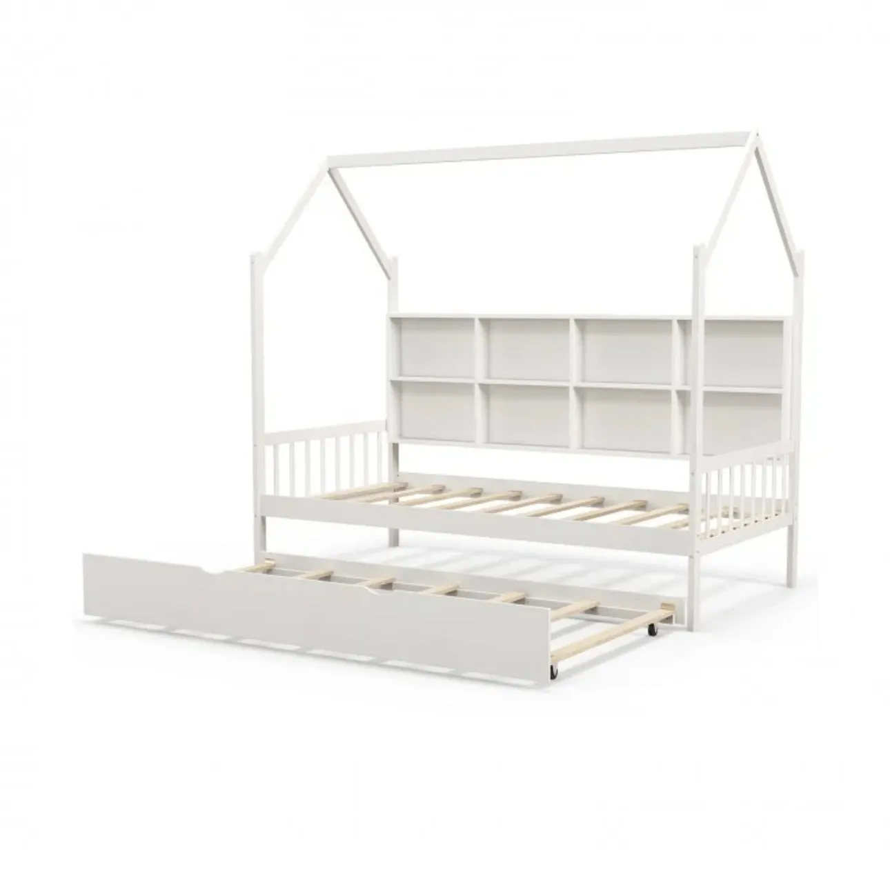 Very Adorable Twin Size Kids Montessori Day Or Night Trundle Bed With Roof, Shelf 8 Components | With Wheels | Space Saving | Solid Wood Frame | Heavy Duty