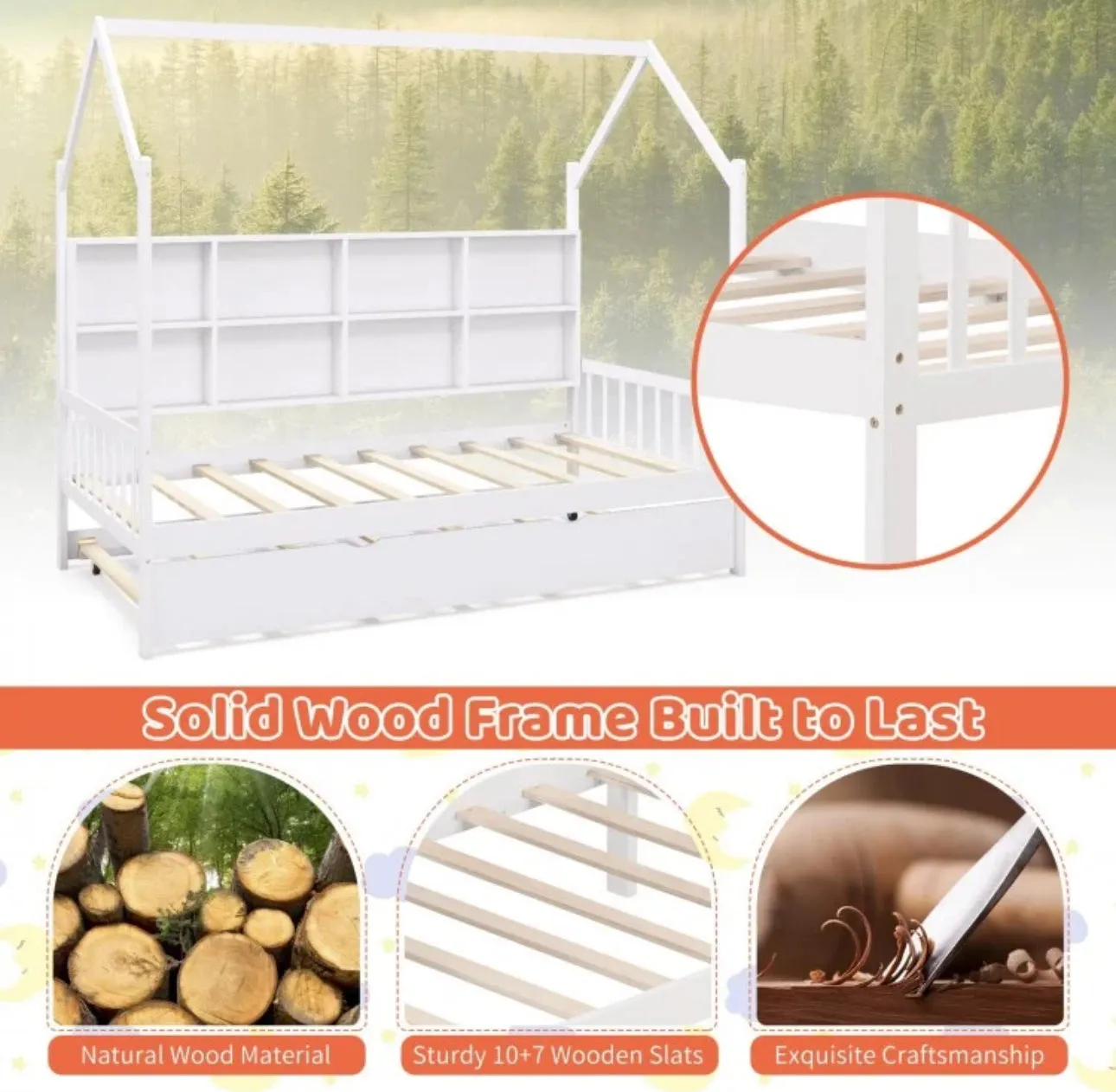 Very Adorable Twin Size Kids Montessori Day Or Night Trundle Bed With Roof, Shelf 8 Components | With Wheels | Space Saving | Solid Wood Frame | Heavy Duty