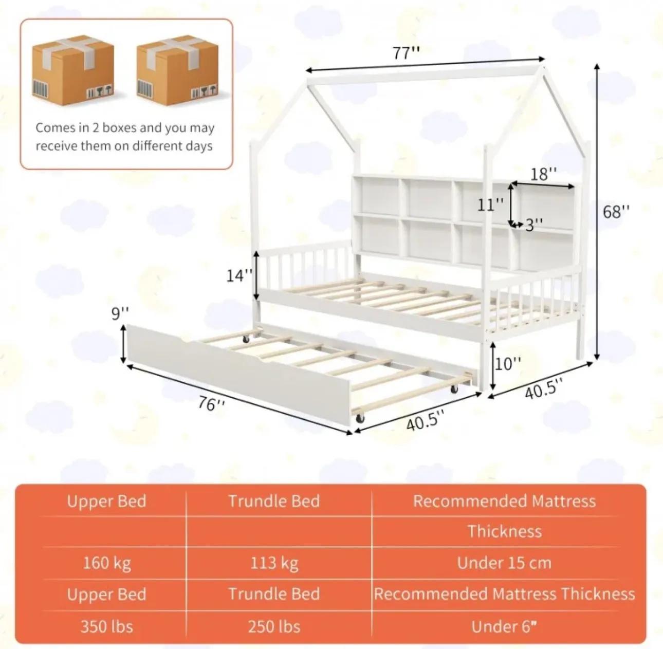 Very Adorable Twin Size Kids Montessori Day Or Night Trundle Bed With Roof, Shelf 8 Components | With Wheels | Space Saving | Solid Wood Frame | Heavy Duty