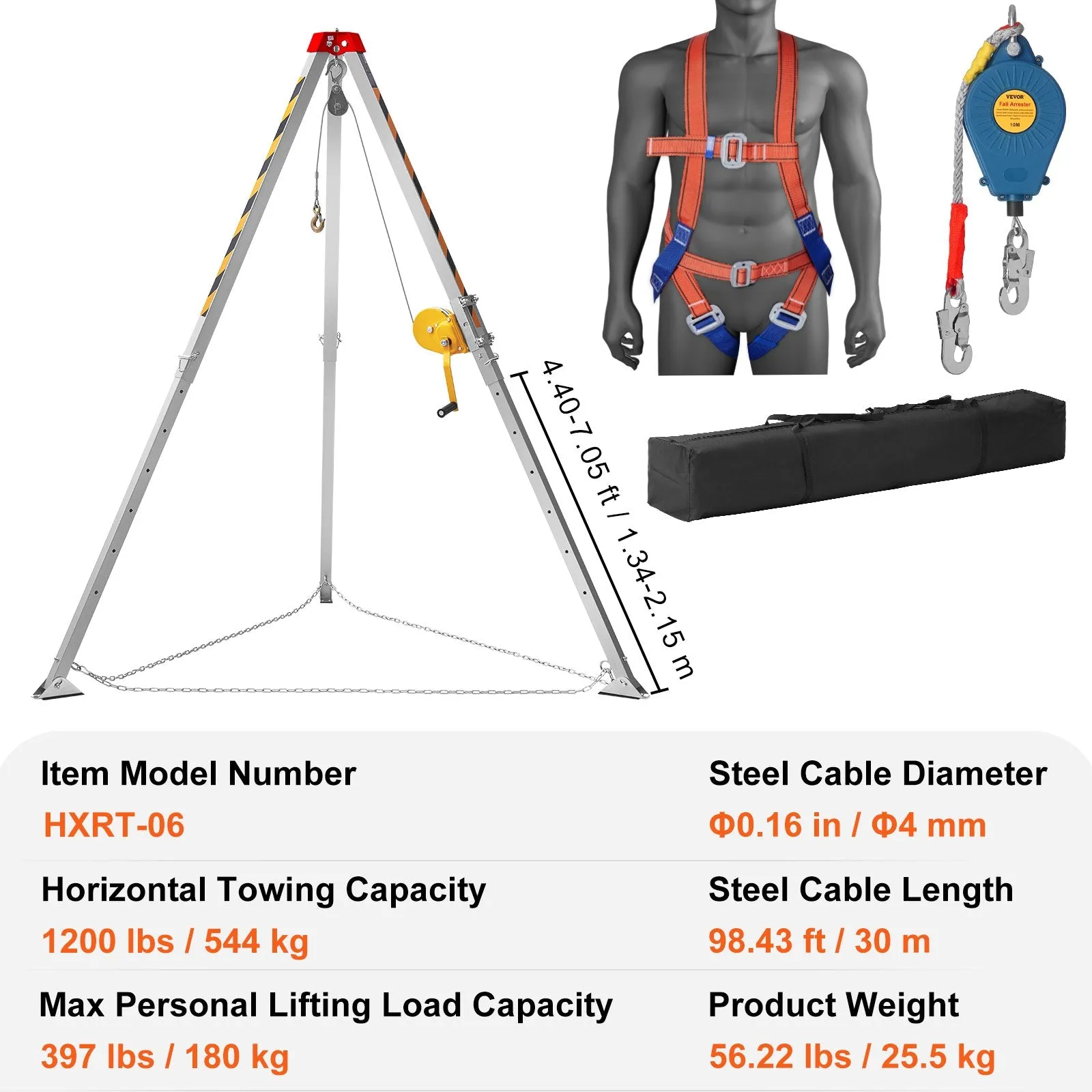 Vevor Confined Space Tripod Kit 1200 Lbs. Winch 7' Legs 98' Cable 32.8' Fall Arrester and Rescue Harness New