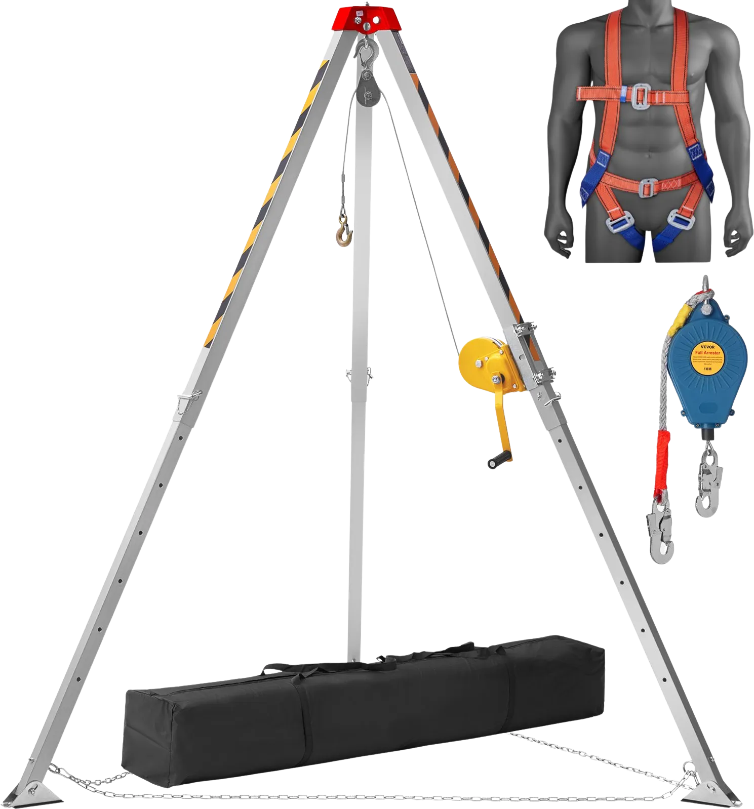 Vevor Confined Space Tripod Kit 1200 Lbs. Winch 7' Legs 98' Cable 32.8' Fall Arrester and Rescue Harness New