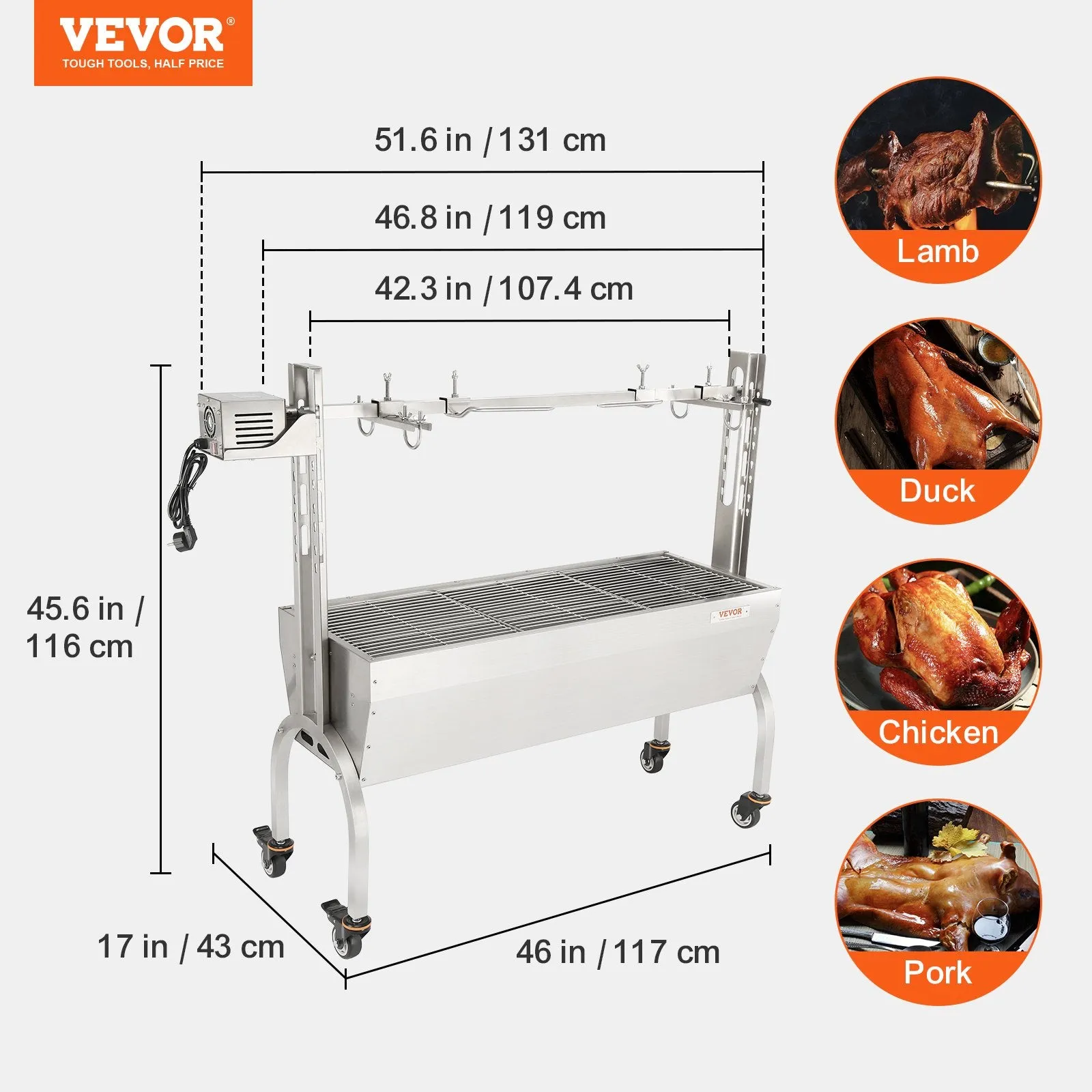 Vevor Spit Rotisserie BBQ Grill 46" 90 Lbs Capacity 50W Electric Roaster New