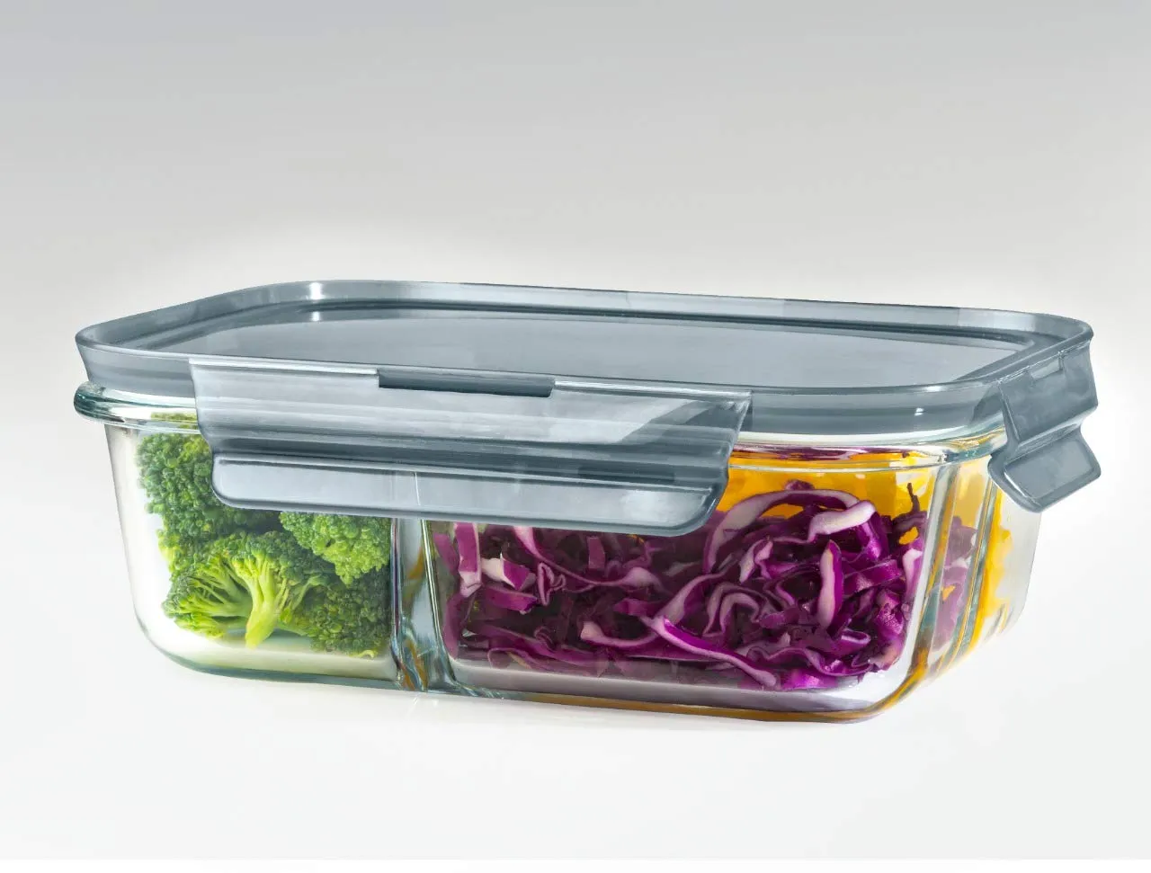 VILON Italian premium Rectangular Glass Lunch Box with Clamp Plastic Lid | Food Storage Container | 1000ml, 3 Compartment (1 Piece)