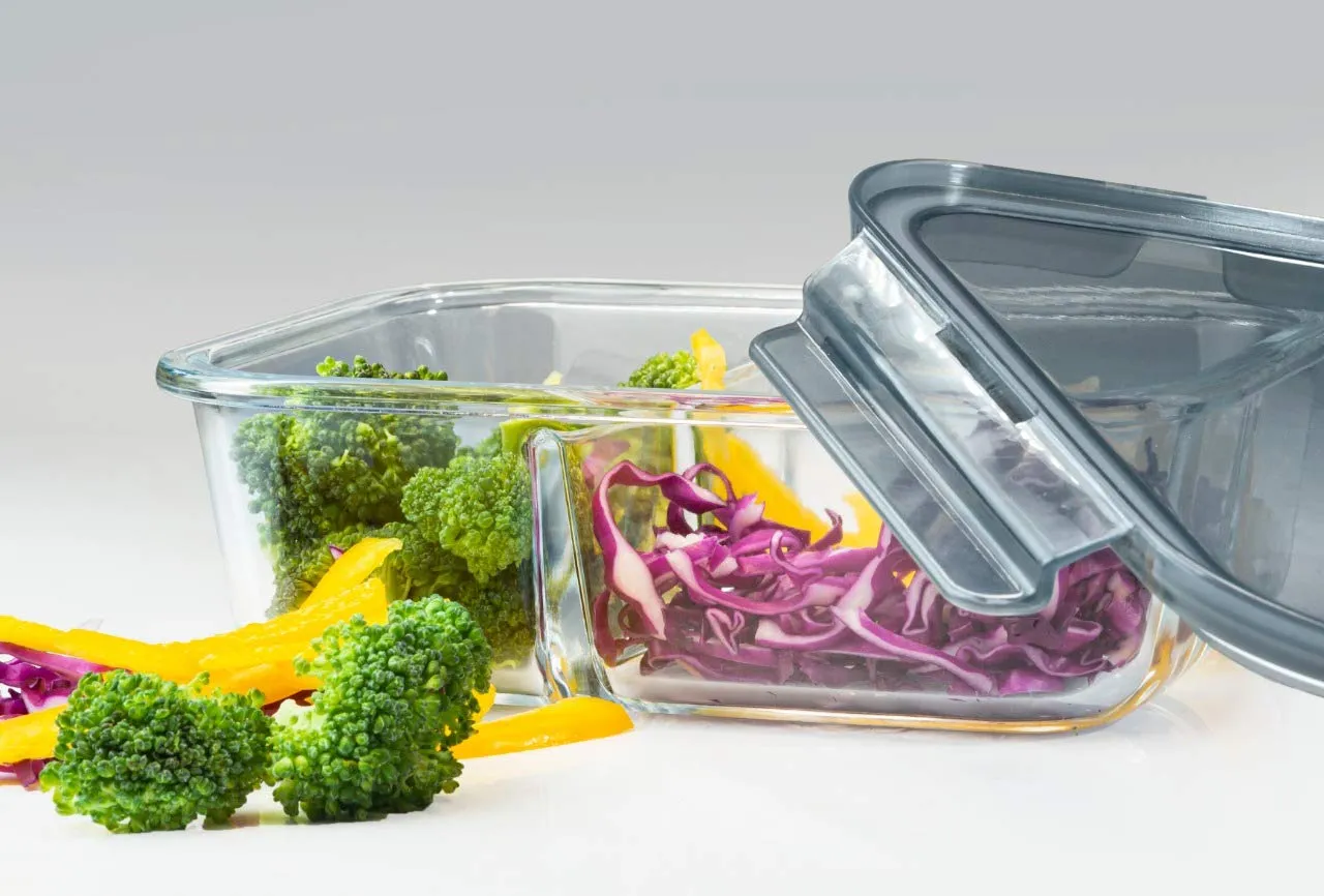 VILON Italian premium Rectangular Glass Lunch Box with Clamp Plastic Lid | Food Storage Container | 1000ml, 3 Compartment (1 Piece)