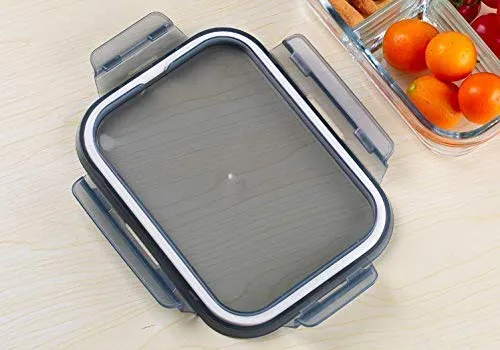 VILON Italian premium Rectangular Glass Lunch Box with Clamp Plastic Lid | Food Storage Container | 1000ml, 3 Compartment (1 Piece)