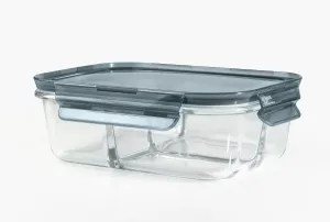 VILON Italian premium Rectangular Glass Lunch Box with Clamp Plastic Lid | Food Storage Container | 1000ml, 3 Compartment (1 Piece)