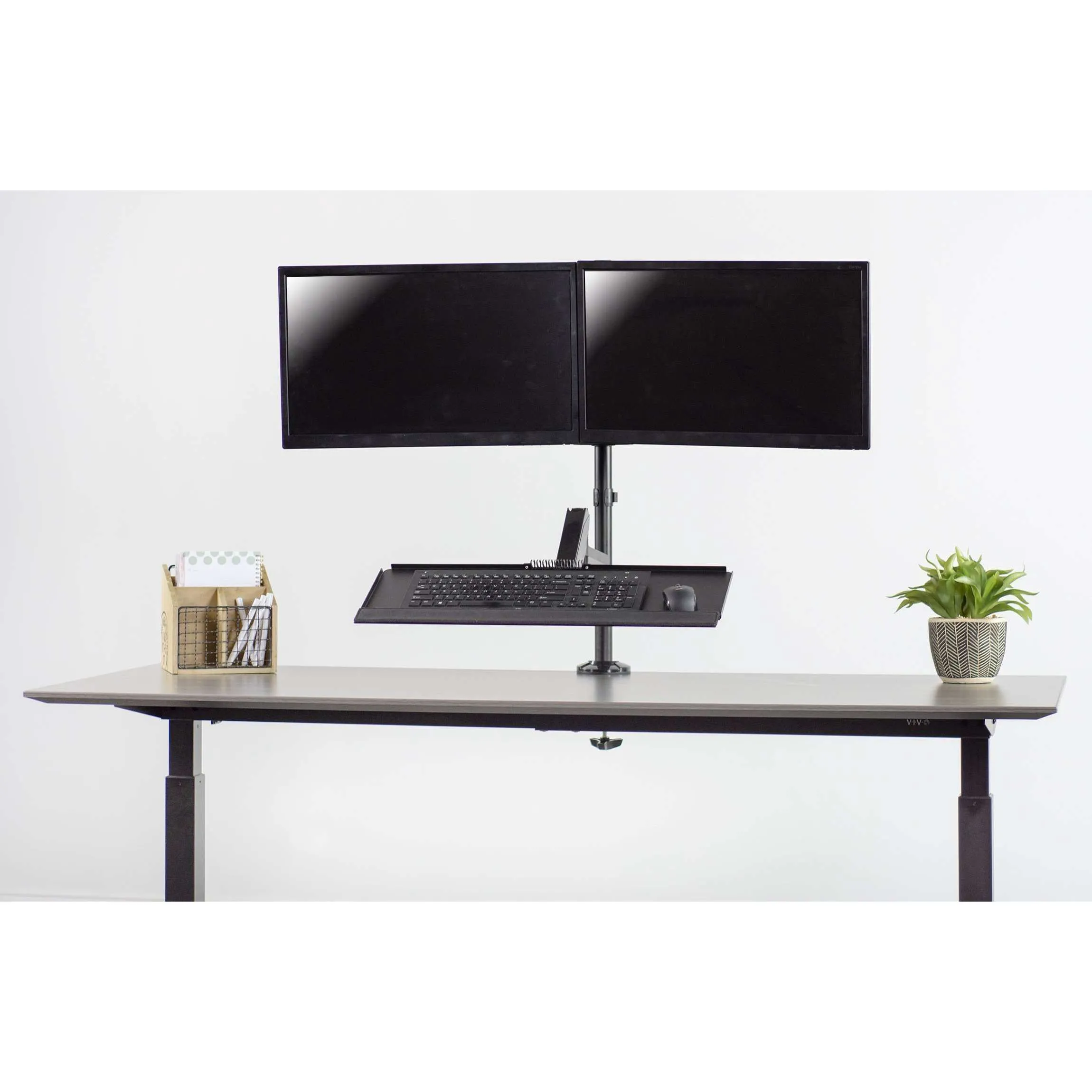 VIVO Black Sit-to-Stand Dual Monitor Desk Mount Workstation for Screens up to 32", STAND-SIT2B