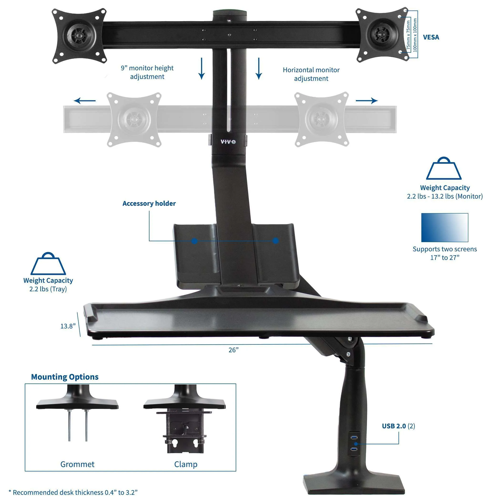 VIVO Sit-to-Stand Dual Monitor Desk Mount Workstation with USB, STAND-SIT2DD