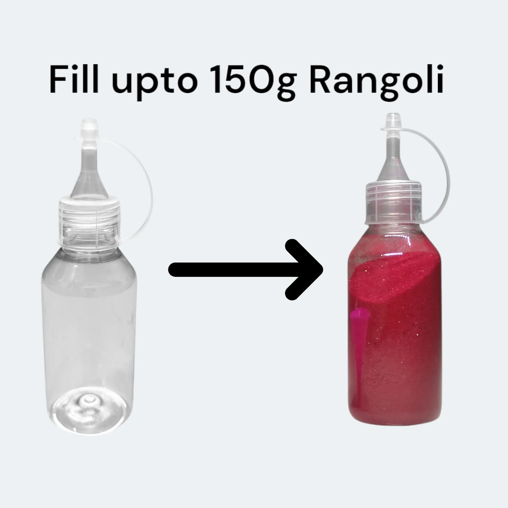 ZWIK Rangoli Plastic Empty powder Bottle with Transparent Nozzle, 150ml Capacity or 150g, Pack of 10 Refillable Squeeze Bottles with Funnel, Ideal Crafting, Art, Festival Decorations, Diwali, Storage